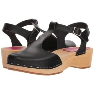 Swedish Hasbeens Debutant T-Strap Wood Sole Leather Wedge Shoes Size 41
